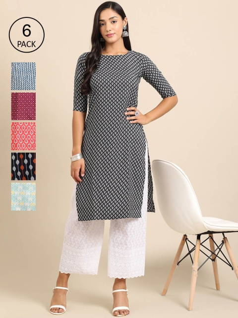 

KALINI Women Pack Of 6 Geometric Printed Summer Sheers Crepe Kurtas, Black