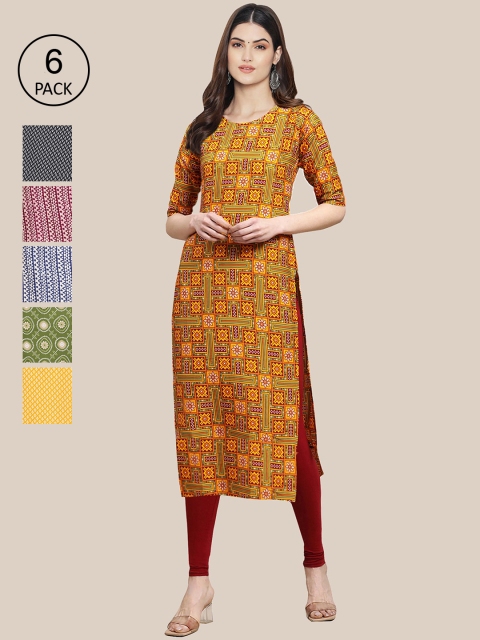 

KALINI Women Pack Of 6 Geometric Striped Thread Work Crepe Kurta, Multi