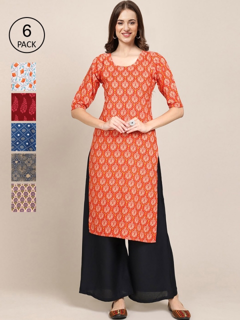 

KALINI Women Pack of 6 Orange & White Ethnic Motifs Printed Crepe Kurta