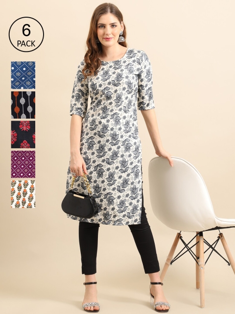

KALINI Women Pack Of 6 Ethnic Motifs Printed Crepe Kurta, Yellow