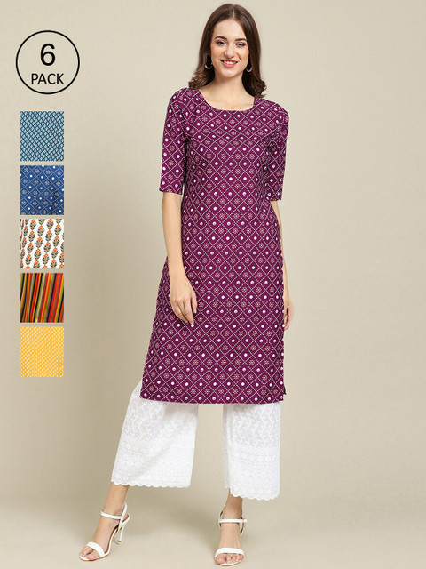 

KALINI Women Multicoloured Pack Of 6 Geometric Printed Crepe Kurta, Multi