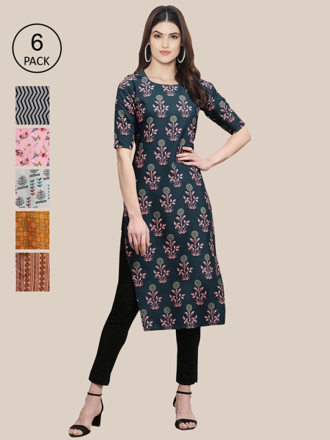 

KALINI Women Pack Of 6Floral Printed Summer Sheers Crepe Kurtas, Blue