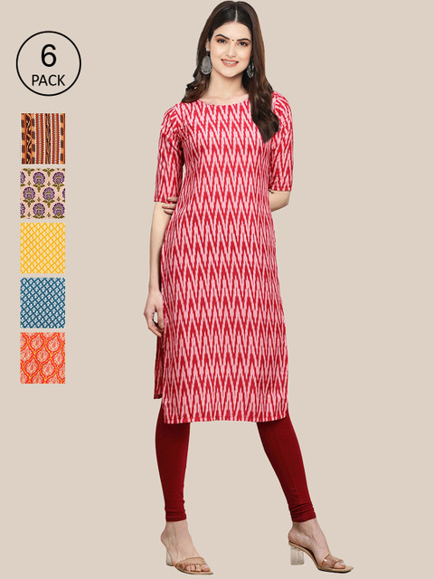 

KALINI Women Set Of 6 Pink & Blue Floral Printed Crepe Kurta