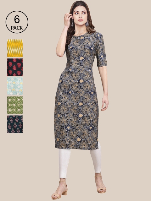 

KALINI Women Grey and Yellow Summer Sheers Crepe Kurta [PACK OF 6]