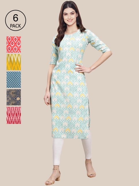 

KALINI Women Multicoloured Pack Of 6 Ethnic Motifs Printed Crepe Kurta, Multi