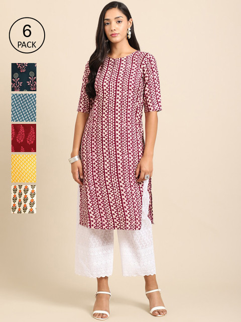 

KALINI Women Pack of 6 Digital Printed Crepe Straight Kurtas, Maroon