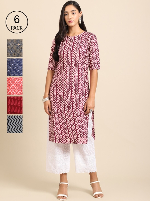 

KALINI Women Pack Of 6 Printed Crepe Kurta, Maroon