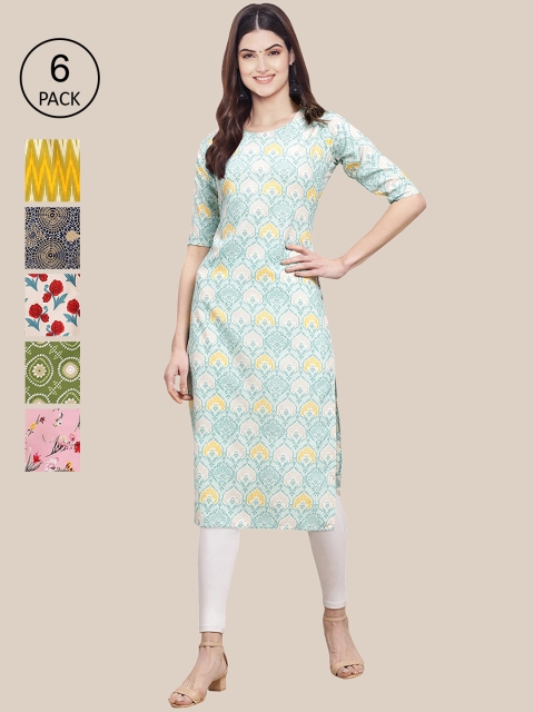 

KALINI Women Pack of 6 Ethnic Motifs Printed Crepe Kurta, Multi