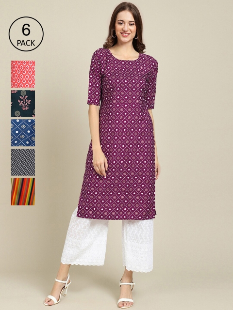 

KALINI Women Pack Of 6 Printed Crepe Kurta, Multi