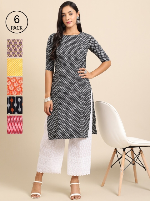 

KALINI Women Black & Yellow Pack of 6 Geometric Printed Crepe Kurtas