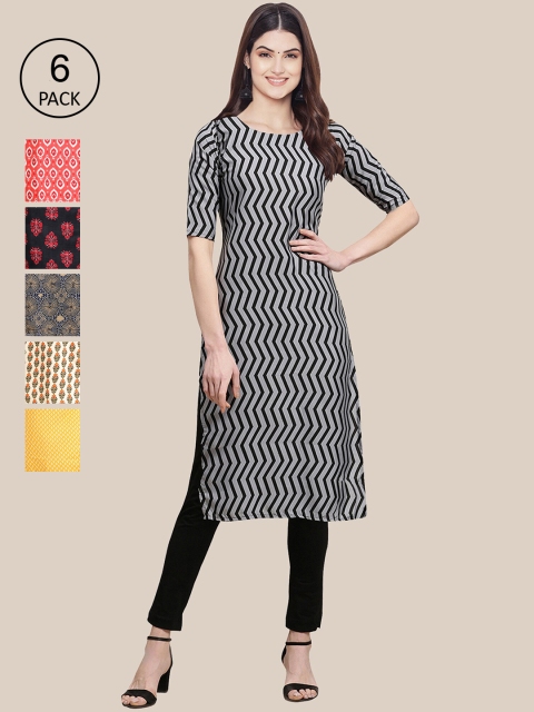 

KALINI Women Black & Red Pack of 6 Geometric Printed Crepe Kurtas