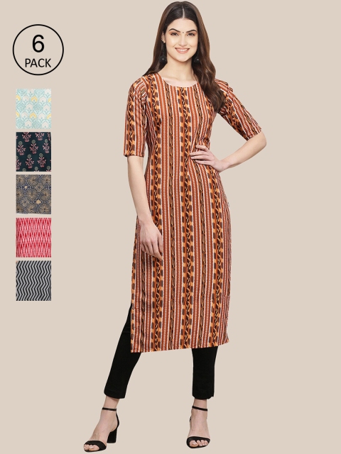 

KALINI Women Pack of 6 Ethnic Motifs Printed Crepe Kurta, Brown
