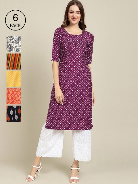 

KALINI Women Pack of 6 Purple & Grey Ethnic Motifs Printed Crepe Kurta