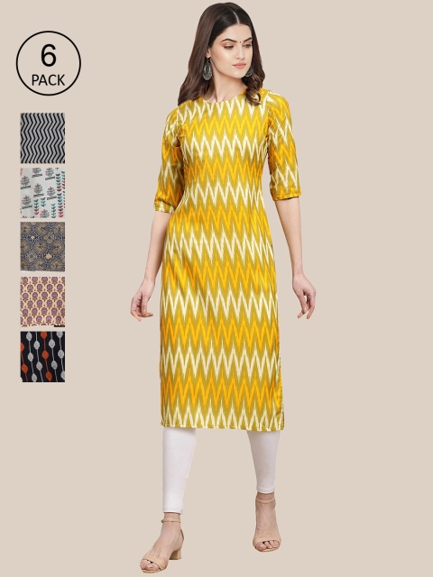

KALINI Women Pack Of 6 Geometric Striped Thread Work Crepe Kurta, Multi