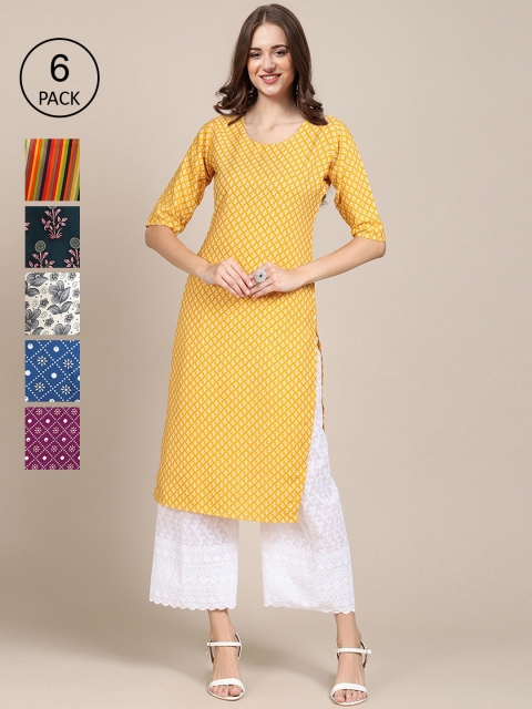 

KALINI Women Pack of 6 Digital Printed Crepe Straight Kurtas, Yellow