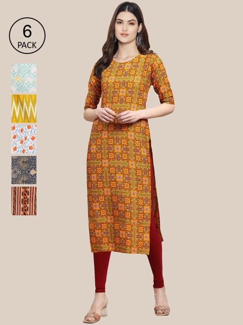 

KALINI Women Pack Of 6 Geometric Printed Crepe Kurta, Yellow