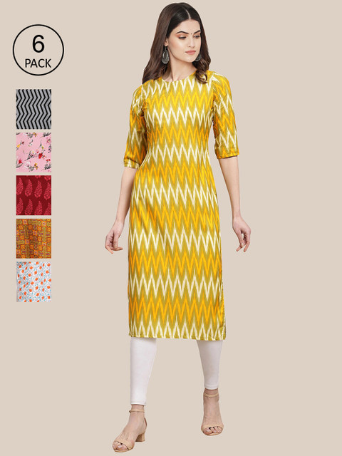 

KALINI Women Pack Of 6 Multicoloured Geometric Printed Crepe Kurta, Multi