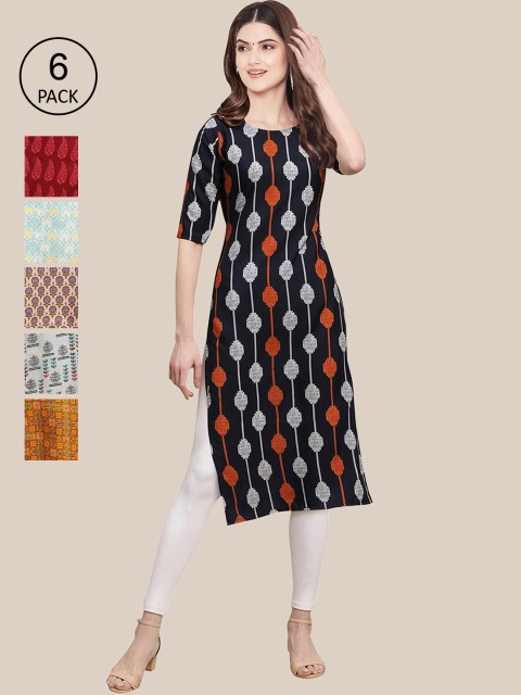KALINI Women Black And Red Thread Work Summer Sheers Crepe Kurta [PACK OF 6]