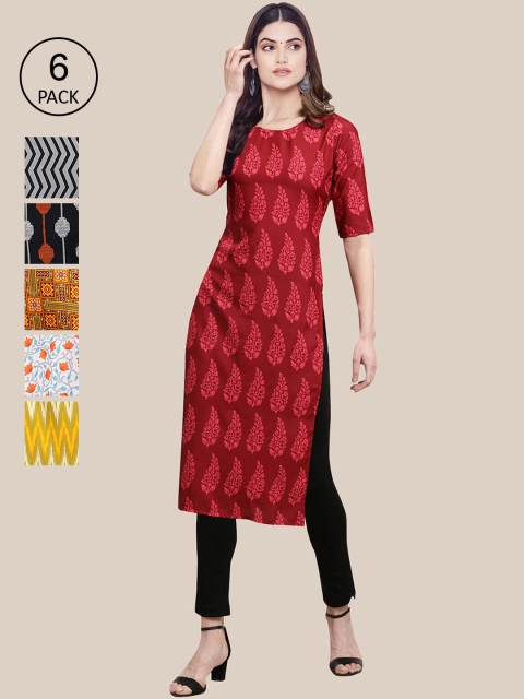 

KALINI Women Pack Of 6 Printed Crepe Straight Kurta, Mustard