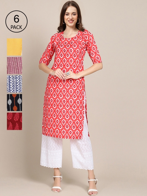 

KALINI Women Pack Of 6 Geometric Printed Crepe Kurta, Red