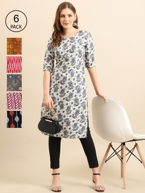 

KALINI Women Pack of 6 Ethnic Motifs Printed Crepe Kurta, Multi