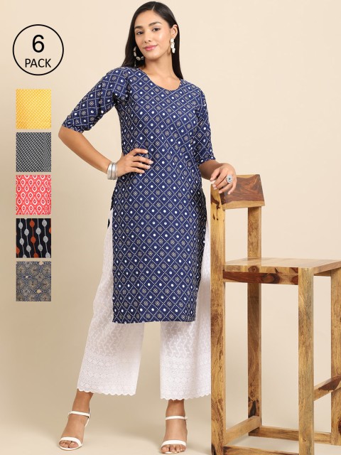 

KALINI Women Pack Of 6 Geometric Printed Crepe Kurta, Multi