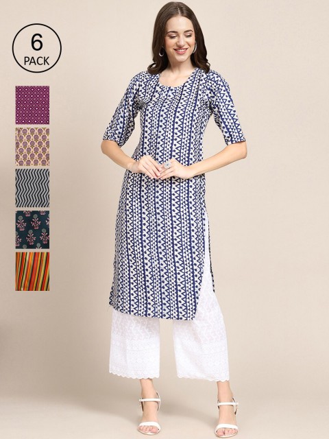 

KALINI Women Multicoloured Pack Of 6 Geometric Striped Crepe Kurta, Multi