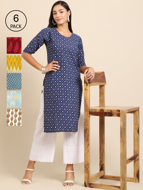 

KALINI Women Pack of 6 Women Printed Straight Crepe Kurta, Multi
