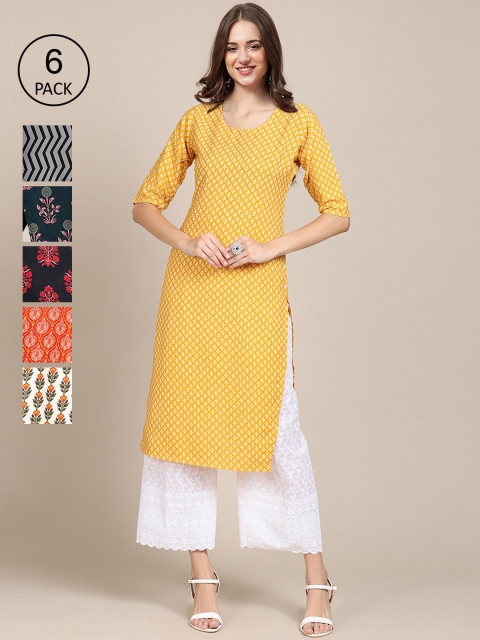 

KALINI Women Pack Of 6 Geometric Printed Block Print Crepe Kurta, Yellow