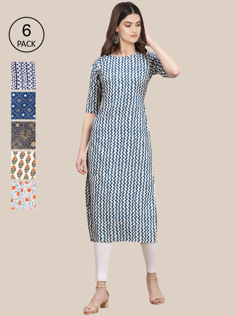 

KALINI Women Pack Of 6 Floral Printed Summer Sheers Crepe Kurtas, Blue