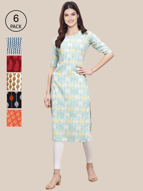 KALINI Women Pack of 6 Digital Printed Crepe Straight Kurtas, Blue