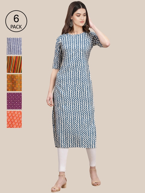 

KALINI 6 Women Multicoloured Ethnic Motifs Printed Crepe Kurta, Multi
