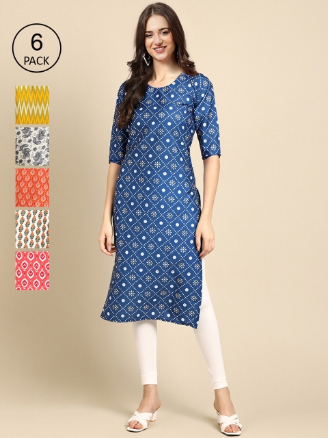 

KALINI Women Blue & Yellow Pack of 6 Floral Printed Crepe Kurtas