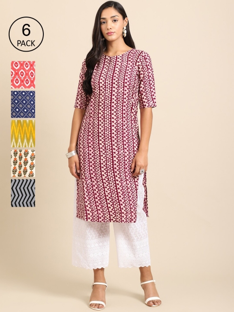 

KALINI Women Pack of 6 Ethnic Motifs Printed Crepe Kurta, Pink