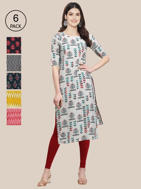 

KALINI Women Pack Of 6 Geometric Striped Thread Work Crepe Kurta, Multi