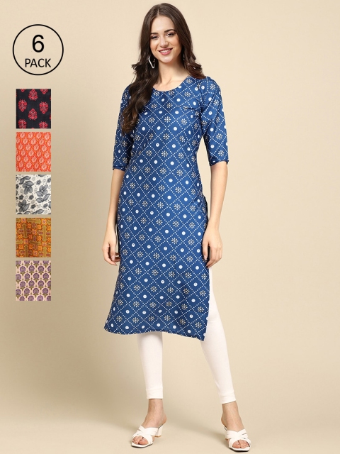 

KALINI Women Pack of 6 Blue & Orange Ethnic Motifs Printed Crepe Kurta