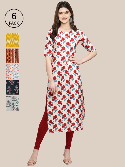 

KALINI Women Pack Of 6 Printed Summer Sheers Crepe Kurta, Maroon