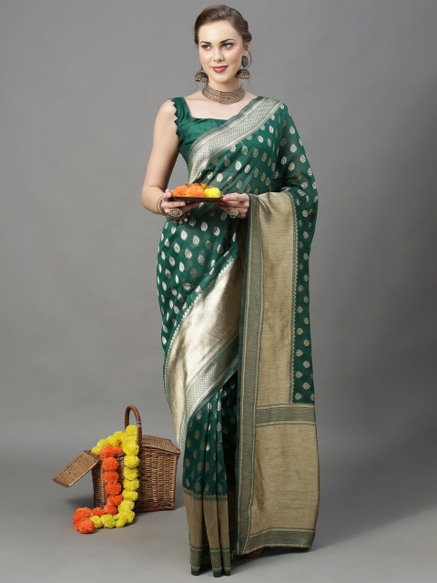 

Mitera Green & Gold-Toned Woven Design Silk Cotton Banarasi Saree