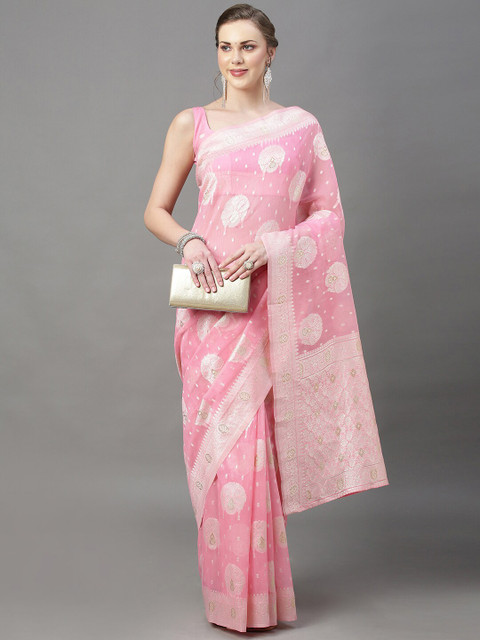 

Mitera Pink & White Ethnic Motifs Zari Silk Cotton Banarasi Saree