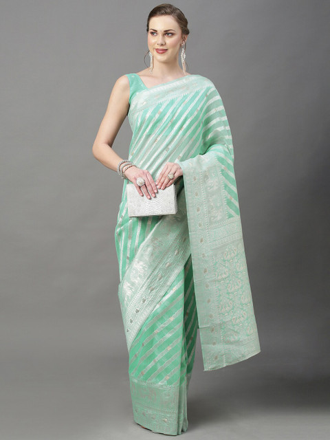 

Mitera Sea Green & Silver-Toned Ethnic Motifs Zari Silk Cotton Banarasi Saree