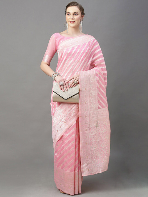 

Mitera Pink & Silver-Toned Ethnic Motifs Zari Silk Cotton Banarasi Saree
