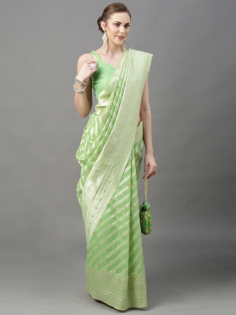 

Mitera Green & Silver-Toned Ethnic Motifs Zari Silk Cotton Banarasi Saree