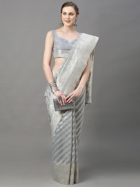 

Mitera Grey & Silver-Toned Ethnic Motifs Zari Silk Cotton Banarasi Saree