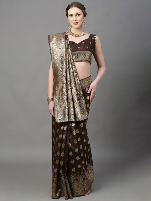

Mitera Brown & Gold-Toned Ethnic Motifs Zari Silk Cotton Banarasi Saree