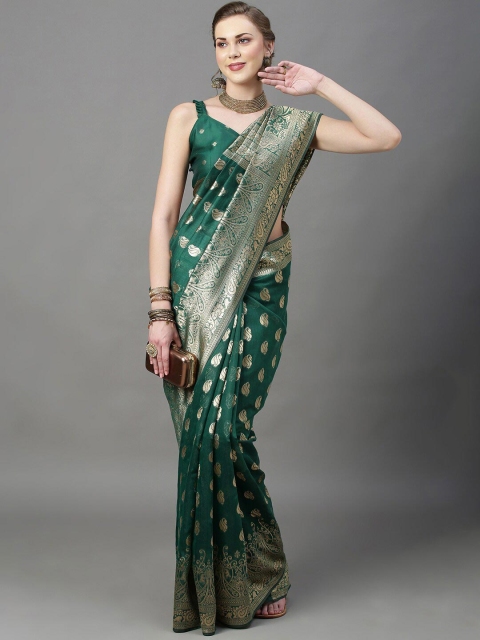 

Mitera Green & Gold-Toned Ethnic Motifs Zari Silk Cotton Banarasi Saree