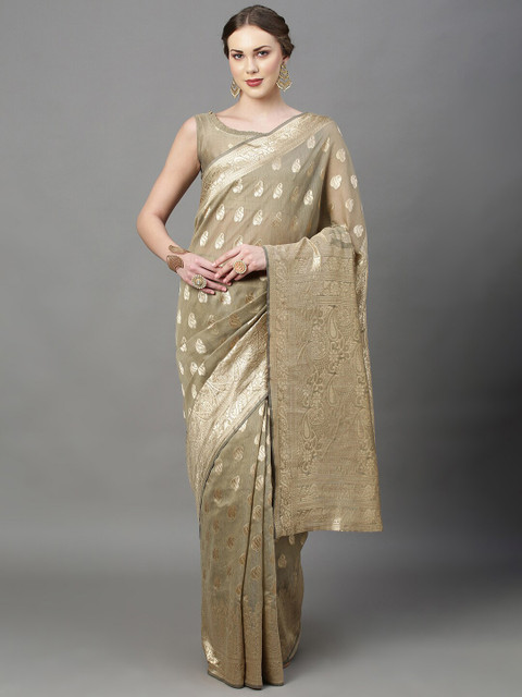 

Mitera Champagne & Gold-Toned Ethnic Motifs Zari Silk Cotton Banarasi Saree