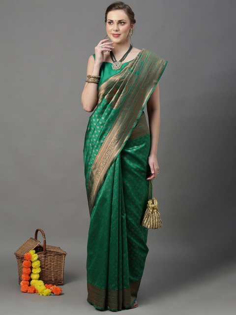 

Mitera Green & Gold-Toned Ethnic Motifs Zari Silk Blend Banarasi Saree
