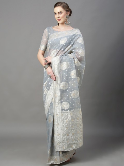 

Mitera Grey & Silver-Toned Ethnic Motifs Zari Silk Cotton Banarasi Saree
