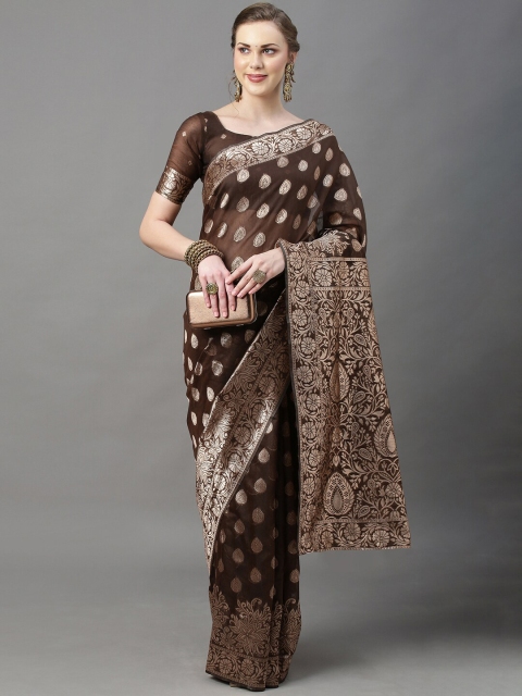 

Mitera Brown & Gold-Toned Ethnic Motifs Zari Silk Cotton Banarasi Saree