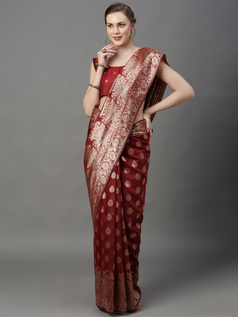 

Mitera Maroon & Gold-Toned Ethnic Motifs Zari Silk Cotton Banarasi Saree